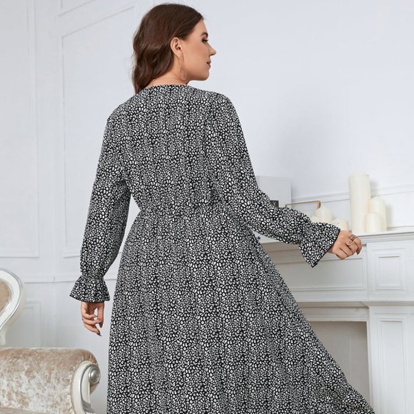 Melo Apparel Plus Size Printed V-Neck Flounce Sleeve Midi Dress - Picture 5 of 9